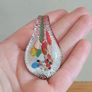 Art Glass Multicolor Dichroic Glitter Teardrop Pendant Red Silver